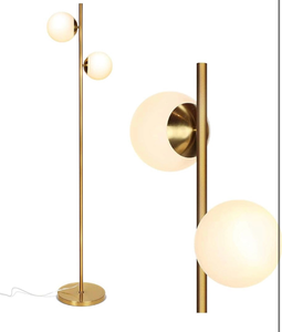lot 17268 image: Brightech Sphere Floor Lamp for Living Room, Mid-Century Modern 2 Globe Pole Light for Bedroom, Bright LED Standing Lamps for Offices, Contemporary Living Room D�cor �� GoldAntique Brass - Retail $89