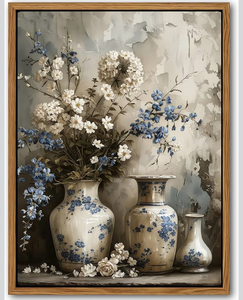 lot 17270 image: Floating Framed Farmhouse Floral Canvas Wall Art, Vintage Blue and White Flower Pictures Wall Decor, Elegant Art Jar Posters Print for Living Room Bedroom Bathroom Rustic Decor 16x24 inch - Retail $45