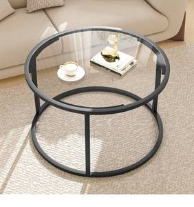lot 17278 image: Round Coffee Table,Small Black Coffee Table for Living Room,27 Modern Center Table,Glass Top Clear Coffee Table with Sturdy Metal Frame for for Living Room Home Office, Easy Assembly,Black - Retail $59