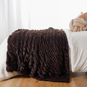 lot 17285 image: BATTILO HOME Dark Brown Faux Fur Throw Blanket for Bed, Double Side Reversible Ruched Faux Rabbit Fur Throw for Couch, Bed, Super Soft Blanket Cozy Warm Mink Blanket, 60x80 - Retail $109
