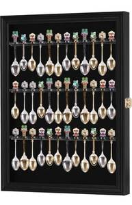 lot 17290 image: 36 Souvenir Tea Spoon Display Case Rack Wall Mountable Cabinet Frame with Lockable Door Black Finish - Retail $43