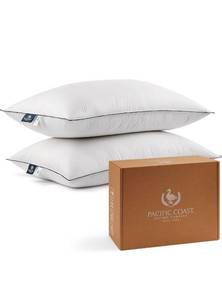 lot 17297 image: Pacific Coast Feather and Down Bed Pillows Standard Size Set of 2, Goose Feather and Down Hotel Pillow for Sleeping, Downproof, 3-Chamber, Medium Supportive, 100% Cotton Shell - Retail $95