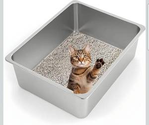 lot 17298 image: Kirecoo Stainless Steel Cat Litter Box XL- Metal High Sided Cat Pan, Large Stainless Steel Box, Indoor Litter Tray, Non Stick, No Smell, Easy to Clean, Pet Toilet Supplies for Kitten, Kitty, Rabbit - Retail $36