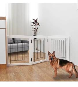 lot 17300 image: ZJSF Freestanding Foldable Dog Gate for House Extra Wide Wooden White Indoor Puppy Gate Stairs Doorways Pet Gate Tall Dog Fence 3 Panels Fence - Retail $59