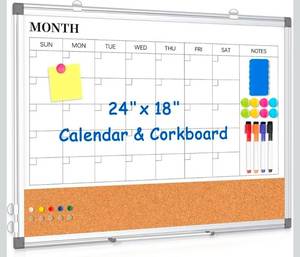 lot 17302 image: Monthly Calendar Whiteboard Dry Erase Cork Board Combo for Wall, 24 x 18 Double-Sided Calendar White Board and Bulletin Board, Portable Board for Office, Kitchen, School, Home - Retail $0