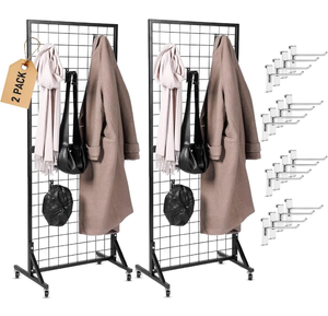 lot 17306 image: 2 Gridwall Panels  5 FT Tall x 2 FT Wide Portable Display Stand for Vendor Events with Caster Wheels  Heavy Duty Grid Wall with 16 Hooks Included  Gridwall Panel Display Stand for Easy Assembly - Retail $99