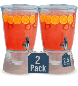 lot 17310 image: Drink Dispensers for Parties (2.5 Gallon) Large Plastic Water Dispenser for Counter Tops, No Mess, Easy to Assemble & Wash, Up to 40 Drinks, For Drinks, Juice, Punch & Water (2 Pack) - Retail $55
