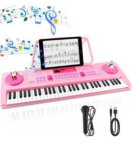 lot 17322 image: WOSTOO 61 Key Piano Keyboard for Kids, Portable 24.6-Inch Electronic Digital Piano with Follow Teaching Mode, Music Stand, Microphone & Recording, Educational Musical Instrument for Beginners, Pink - Retail $79