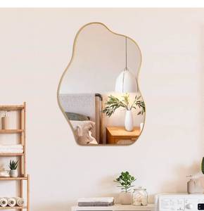 lot 17330 image: BOMINICA Irregular Wall Mirror Asymmetrical Mirror, Decorative Wall Mirror Golden Wood Framed, Wall Mounted Mirror for Bathroom Living Room Entryway Bedroom Hallway (Gold, 20 x 28) - Retail $54