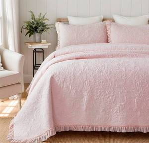 lot 17332 image: Brandream Light Pink Quilt Set Queen Size Cotton Botanical Matelasse Bedding Lightweight Floral Bedspread Ruffled Quilt Set 3-Piece - Retail $139