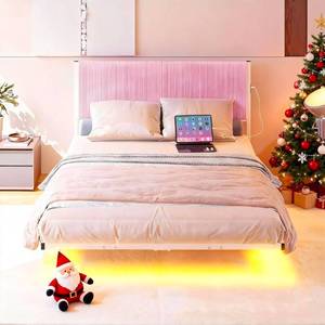 lot 17334 image: Floating Full Size Bed Frame with Headboard and LED Lights Upholstered Metal Platform Bed Frame Full with Charging Station No Box Spring Needed Easy to Assemble Pink - Retail $159