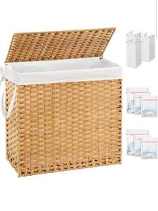 lot 17335 image: Laundry Hamper with Lid Laundry Basket 132 L (35 Gal) Wicker Clothes Hamper, Handwoven Rattan Hamper with Handles and 4 Removable Liner Bags, 6 Mesh Bags for Laundry Bedroom Natural - Retail $67