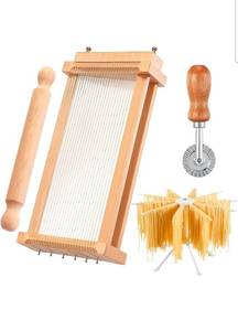 lot 17337 image: 4 Pcs Pasta Maker Tool Set Include Chitarra Cutter Italian Pasta Guitar with Rolling Pin, Noodle Drying Rack, Ravioli Maker Cutter Making Tool for Spaghetti, Lasagna - Retail $57