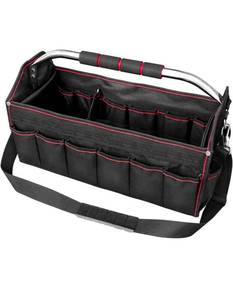 lot 17338 image: HAUTMEC 18 Inch Tool Bag, Foldable Open Top Tool Tote with Removable Partition & 27 Pockets, Heavy-Duty Electrician Tool Bag with Padded Handle, Shoulder Strap & Water-Resistant Hard Base �� HT0020 - Retail $45