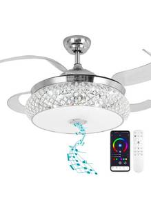 lot 17340 image: BAYSQUIRREL Retractable Ceiling Fan with Light, Low Profile Bluetooth Ceiling Fan with Speaker,RGB-LED Light 6 Speed Reversible Invisible Ceiling Fans for Bedroom,Remote and APP Control - Retail $169