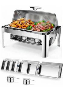 lot 17341 image: 13QT Roll Top Chafing Dishes for Buffet Catering Food Warmer for Parties, Wedding, Birthday, Christmas, 1 Full Size & 2 Half-Size & 3 13 size Chafing Server Dish, 1 Water Pan - Retail $139