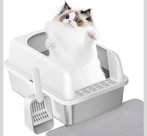 lot 17342 image: Prodigen Stainless Steel Cat Litter Box with Lid High Wall Sides Enclosure, Non-Sticky, Anti-Leakage, Easy Cleaning, with Cat Mat & Metal Scoop, 19.6 L x 14 W x 12 H - Retail $0