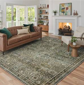 lot 17346 image: Lahome Green 8x10 Rugs for Living Room, Boho Washable Area Rugs for Bedroom, Rubber Backed Non Slip Floor Carpets for Dining Room Home Apartment, Dark Olive Green - Retail $119