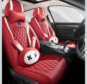 lot 17348 image: Cute Cartoon Rabbit Car Seat Covers5 Set with Waterproof PU Leather for Cars SUV Pick-up Truck Universal Fit Set (Cartoon Wine Red) - Retail $169