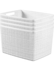 lot 17351 image: Curver Set of 4 Large 20L Jute Decorative Plastic Organization and Storage Baskets - Perfect Bins for Home Office, Closet Shelves, Kitchen Pantry and All Bedroom Essentials, White - Retail $0