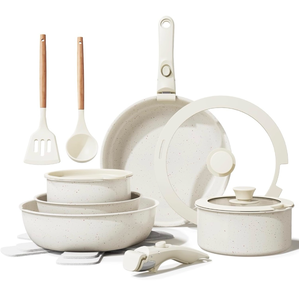 lot 17355 image: Ceramic Nonstick Cookware Set, Healthy,Non Toxic,17-Pieces Pots and Pans Set Removable Handles,Induction RV Kitchen Set,Stain & Scratch-resistant,DishwasherOven Safe,PFASPFOA Free,Cream White - Retail $79