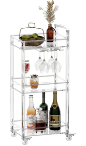 lot 17357 image: Eglaf Small Acrylic Bar cart - 3 Tier Home Bar Cart Rolling Serving Cart with 4 Lockable Wheels, Glass Holders, Handle, for Living Room, Kitchen, Bedroom, Bar, 15.6 L x 11.6 W x 35 H - Retail $129