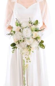 lot 17371 image: 12 Inch Cascade Wedding Bouquets for Bride, Ivory & Champagne Cascading Bridal Bouquet for Wedding Silk Artificial Flowers - Retail $59