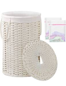 lot 17379 image: Large Laundry Hamper Laundry Basket Round 34.3 Gal (130 L) Handwoven Wicker Laundry Baskets Rattan Laundry Basket with Laundry Bag Handles 2 Mesh Bags for Living Room Bedroom White - Retail $74