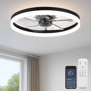 lot 17388 image: 20 Ceiling Fan with Light, Upgraded Low Profile Fan, Flush Mount Ceiling Fan, 6 Speeds, Dimmable LED, App & Remote Control, Quiet DC Motor, for Bedroom, Living Room, F115 Black - Retail $99