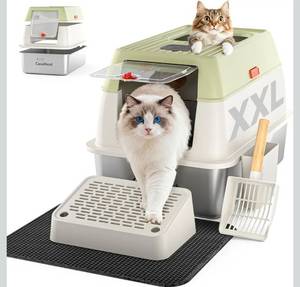lot 17396 image: XXL Stainless Steel Cat Litter Box with Lid, 3-in-1 Enclosed Top Entry Metal Litter Box for Large & Multi Cats, Non-Stick & Leak-Proof, Odor Control, Easy-Clean - Retail $79