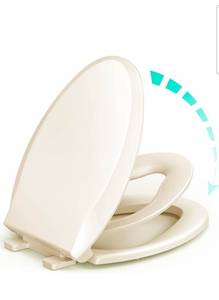 lot 17399 image: Elongated Toilet Seat with Built-in Potty Training Seat for Toddlers& Adults, Slow Close, Never Loosen, Heavy Duty, Ergonomic, Space Saving Toddler Toilet Seat, (Elongated 18.5, Oval, BoneAlmond) - Retail $49