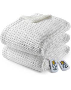 lot 17402 image: CAROMIO Heated Blanket King Size with LCD Dual Controller, Waffle Weave Fast Heating Electric Blankets, 10 Heat Levels & 1-12H Time Settings, ETL Certified, Machine Washable, Off White, 100 x 90 - Retail $63