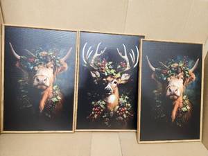 lot 17424 image: HLNIUC Dark Christmas Framed Wall Art Set,Vintage Christmas Highland Cow Canvas Wall Decorations,Modern Xmas Tree Reindeer Painting,Festive Winter Canvas Art Print for Living Room Office-16 x24 x3 - Retail $0