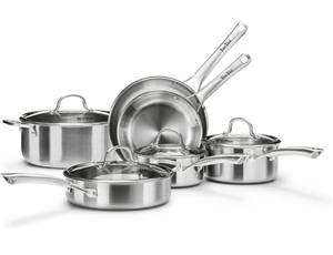 lot 17430 image: Stainless Steel Cookware Set,Tir-Ply Pots and Pans Set,10 Pcs Stainless Steel Induction Kitchen Cookware Sets,PFOA Free, Frying Pans,Saucepans,Saute Pan & Stock Tagine Pot,Compatible with All Cooktops - Retail $149