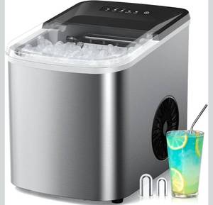 lot 17432 image: 38lbs Per Day Countertop Ice Maker, 9 Ice Cubes in 3.5 Minutes, Self-Cleaning Portable Ice Machine with 2 Bullet Sizes for Kitchen, Camping, RV, and Party - Retail $110