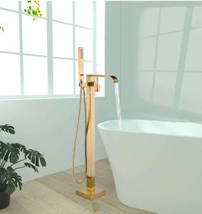 lot 17434 image: Freestanding Bathtub Faucet Brushed Gold Floor Mount Waterfall Tub Filler High Flow with Hand Shower Solid Brass 360 Degree Swivel Standing Mixer Taps for Bathroom - Retail $167