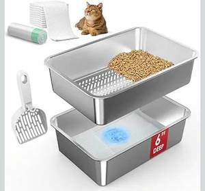 lot 17440 image: 19.6x13.7x6 Suzzipaws Stainless Steel Litter Box, Open Top Sifting Litter Box for Pine Pellets, Metal Litter Pan Tray System with Pee Pads & Liners, Odor Control, Low Dust, Easy Cleaning - Retail $79