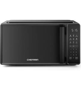 lot 17441 image: Chefman Countertop Microwave Oven 0.7 Cu. Ft., 700 Watts with 10 Power Levels, 6 Cooking Presets with One-Touch Express Cook, Eco Mode, Child Safety Lock, & Mute Button - Black - Retail $99
