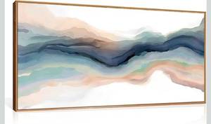 lot 17443 image: HLNIUC Navy Blue Abstract Framed Canvas Wall Art, Watercolor Wave Line Horizontal Wall Decor, Long Teal Orange Coastal Artwork(40x20), Large Neutral Modern Prints for Living Room, Bedroom, Office - Retail $89