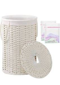 lot 17445 image: Large Laundry Hamper Laundry Basket Round 34.3 Gal (130 L) Handwoven Wicker Laundry Baskets Rattan Laundry Basket with Laundry Bag Handles 2 Mesh Bags for Living Room Bedroom White - Retail $74