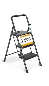 lot 17450 image: 3 Step Ladder, Portable Steel Folding Stool with Wide Anti-Slip Pedal, 500lbs Sturdy Steel Ladder, Black - Retail $59