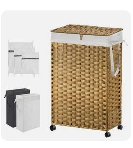 lot 17451 image: 88L Slim Laundry Hamper with Wheels, 23.3 Gallon Rolling Laundry Basket with Lid, Tall and Narrow Laundry Hamper with 2 Removable Liner & 3 Mesh Bags, Laundry Sorter for Bathroom, Natural - Retail $96