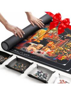 lot 17466 image: ropoda 1500 Pieces 46 x 26 Puzzle Mat Roll Up, Puzzle Saver with 4 Large Sorting Trays & Travel Storage Bag, Portable Rollup Puzzles Keeper (Black) - Retail $39