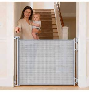 lot 17468 image: Retractable Safety Baby Gate or Mesh Dog Gate,Durable Portable Mesh Retractable Gate,Easy to Use for Stairs, Doorways, Hallways, Indoor, Outdoor, 33.5 Tall, Up to 45 Wide, Gray - Retail $33