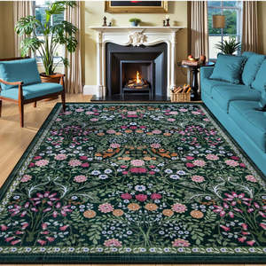 lot 17481 image: 8x10 Area Rugs for Living Room Floral Washable Rug Vintage Large Soft Boho Non-Slip Carpet Indoor Floor Stain Resistant Carpets for Bedroom Dining Room Farmhouse Nursery Home Office Dark Green - Retail $89
