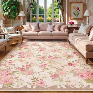 lot 17487 image: Lahome Vintage Floral 8x10 Area Rugs,Soft Living Room Rugs Boho Large Area Rug Machine Washable, Low Pile Pink Rugs for Bedroom Girls Carpet for Nursery Rug Playroom Dining Room(8X10,Beige) - Retail $142