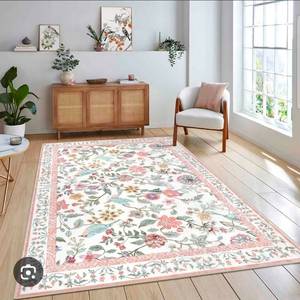 lot 17489 image: Floral Washable Area Rug, Soft Non-Slip Pink Rugs For Girls Bedroom Low Pile Flower Birds Living Room Rug, Non-Shedding Botanical Indoor Carpet For Nursery Playroom Dining Room-6x9ft - Retail $0