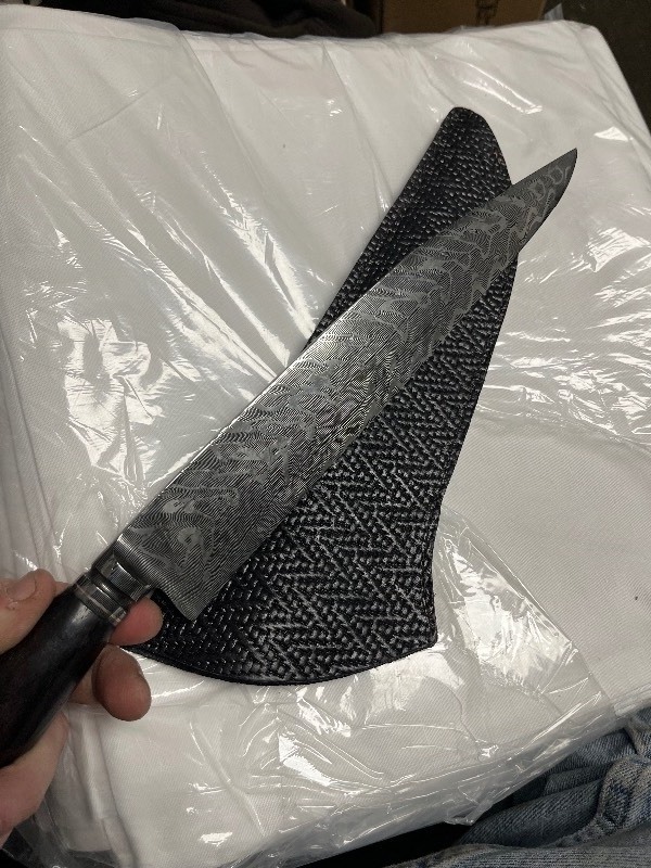 lot 11 image: THE Blade Arts - HATO Super Unique Long Blade Damascus Styled Knife, w Large Sheath, Sheath needs sewing at the tip - 10 Blade