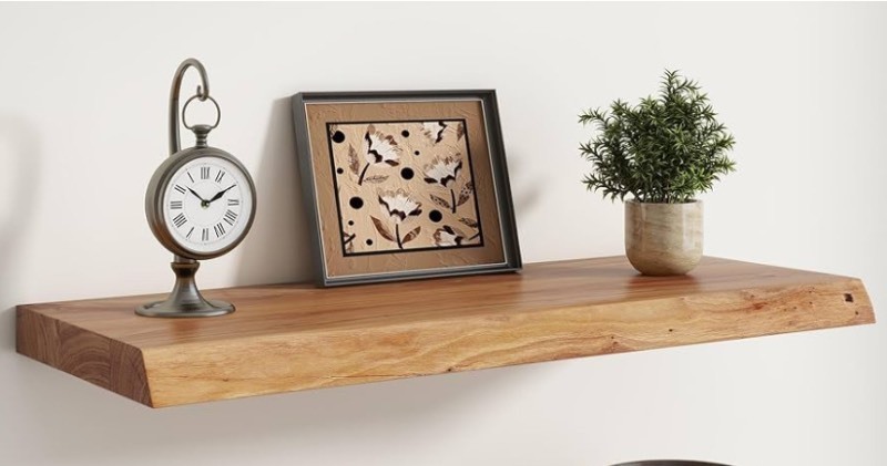 lot 15 image: Live Edge Elm Floating Shelve  - 30 W x 9.3 D Rustic Solid Wood Wall Shelves with Invisible Bracket, Wall-Mounted for Living Room, Bedroom, Kitchen Storage & Display, Natural - 1 Piece Retails $60