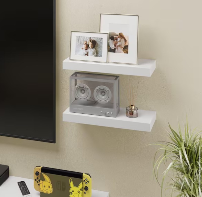 lot 24 image: Pair of White Floating Shelves - Hidden Mounts - 15 � x 6 � x � - not perfect see images Retails $139